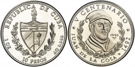 Cuba. 1990. 10 pesos. (Kr. 266). V Centenario - Juan de la Cosa. Acuñación de 5000 ejemplares. AG. 31,11 g. Proof.