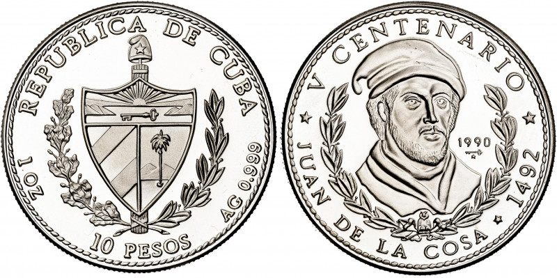 Cuba. 1990. 10 pesos. (Kr. 266). V Centenario - Juan de la Cosa. Acuñación de 50...