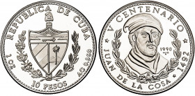 Cuba. 1990. 10 pesos. (Kr. 266). V Centenario - Juan de la Cosa. Acuñación de 5000 ejemplares. AG. 31,06 g. Proof.