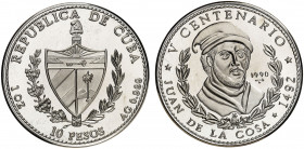 Cuba. 1990. 10 pesos. (Kr. 266). V Centenario - Juan de la Cosa. Acuñación de 5000 ejemplares. AG. 31,10 g. Proof.