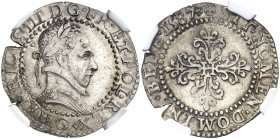 Francia. 1587. Enrique III. G (Potiers). 1/2 franco. (D. 1131). En cápsula de la NGC como MS61, nº 4348170-013. Bella. AG. EBC+/EBC.
