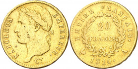 Francia. 1810. Napoleón. A (París). 20 francos. (Fr. 511) (Kr. 695.1). Sirvió como joya. AU. 6,37 g. (MBC-).