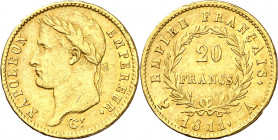 Francia. 1811. Napoleón. A (París). 20 francos. (Fr. 511) (Kr. 695.1). Leves rayitas. Bonito color. AU. 6,43 g. MBC+.