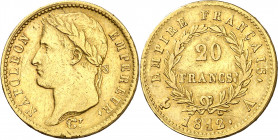 Francia. 1812. Napoleón. A (París). 20 francos. (Fr. 511) (Kr. 695.1). Golpecitos y rayitas. AU. 6,37 g. MBC-.