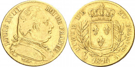Francia. 1814. Luis XVIII. A (París). 20 francos. (Fr. 525) (Kr. 706.1). AU. 6,30 g. MBC-.