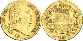 Francia. 1817. Luis XVIII. L (Bayona). 20 francos. (Fr. 541) (Kr. 712.5). AU. 6,40 g. MBC/MBC+.