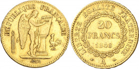 Francia. 1848. II República. A (París). 20 francos. (Fr. 565) (Kr. 757). Golpecito. AU. 6,43 g. MBC+.