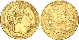 Francia. 1850. II República. A (París). 20 francos. (Fr. 566) (Kr. 762). Golpecito. Bonito color. AU. 6,38 g. MBC+.