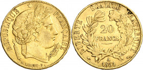 Francia. 1851. II República. A (París). 20 francos. (Fr. 566) (Kr. 762). AU. 6,39 g. MBC+.