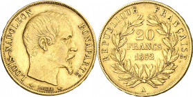 Francia. 1852. Luis Napoleón. A (París). 20 francos. (Fr. 568) (Kr. 774). AU. 6,44 g. MBC/MBC+.