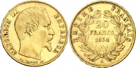 Francia. 1854. Napoleón III. A (París). 20 francos. (Fr. 573) (Kr. 781.1). AU. 6,42 g. MBC.