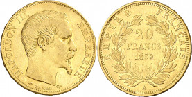Francia. 1855. Napoleón III. A (París). 20 francos. (Fr. 573) (Kr. 781.1). AU. 6,44 g. MBC/MBC+.
