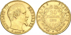 Francia. 1855. Napoleón III. BB (Estrasburgo). 20 francos. (Fr. 574) (Kr. 781.2). AU. 6,41 g. MBC/MBC+.