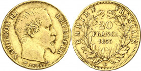 Francia. 1855. Napoleón III. D (Lyon). 20 francos. (Fr. 575) (Kr. 781.3). AU. 6,37 g. MBC-.