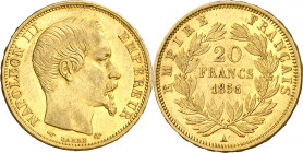 Francia. 1856. Napoleón III. A (París). 20 francos. (Fr. 573) (Kr. 781.1). Parte de brillo original. Escasa así. AU. 6,44 g. EBC-.