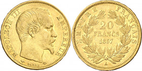 Francia. 1857. Napoleón III. A (París). 20 francos. (Fr. 573) (Kr. 781.1). AU. 6,44 g. MBC/MBC+.
