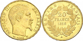 Francia. 1858. Napoleón III. A (París). 20 francos. (Fr. 573) (Kr. 781.1). Bella. Brillo original. Escasa así. AU. 6,42 g. EBC-/EBC.
