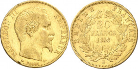 Francia. 1858. Napoleón III. BB (Estrasburgo). 20 francos. (Fr. 574) (Kr. 781.2). Golpecitos. AU. 6,42 g. MBC+.