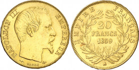 Francia. 1859. Napoleón III. A (París). 20 francos. (Fr. 573) (Kr. 781.1). Bella. Escasa así. AU. 6,44 g. EBC-/EBC.
