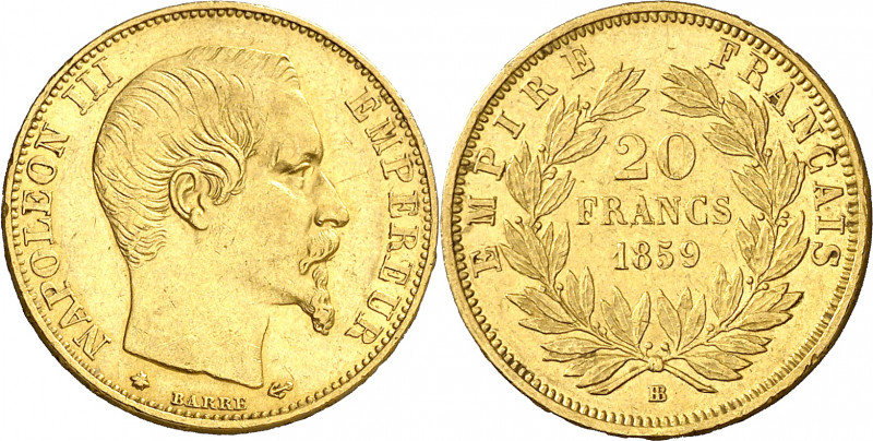 Francia. 1859. Napoleón III. BB (Estrasburgo). 20 francos. (Fr. 574) (Kr. 781.2)...