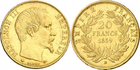 Francia. 1859. Napoleón III. BB (Estrasburgo). 20 francos. (Fr. 574) (Kr. 781.2). AU. 6,45 g. MBC+/EBC-.