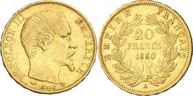 Francia. 1860. Napoleón III. A (París). 20 francos. (Fr. 573) (Kr. 781.1). AU. 6,41 g. MBC-.