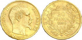 Francia. 1860. Napoleón III. BB (Estrasburgo). 20 francos. (Fr. 574) (Kr. 781.2). AU. 6,39 g. MBC-/MBC.