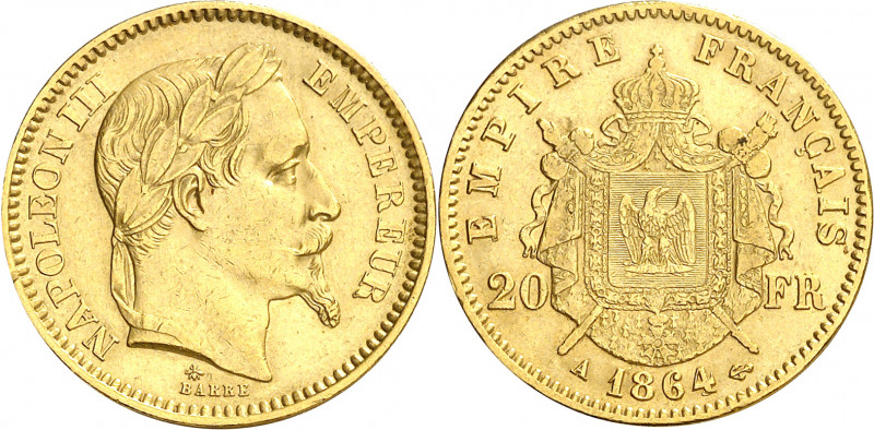 Francia. 1864. Napoleón III. A (París). 20 francos. (Fr. 584) (Kr. 801.1). AU. 6...