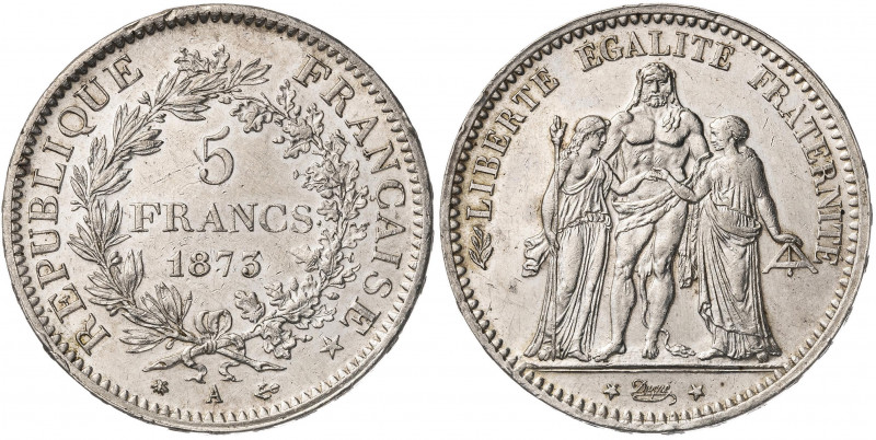 Francia. 1873. III República. A (París). 5 francos. (Kr. 820.1). AG. 25 g. EBC+....