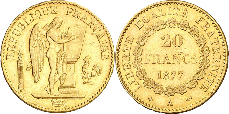 Francia. 1877. III República. A (París). 20 francos. (Fr. 592) (Kr. 825). AU. 6,...