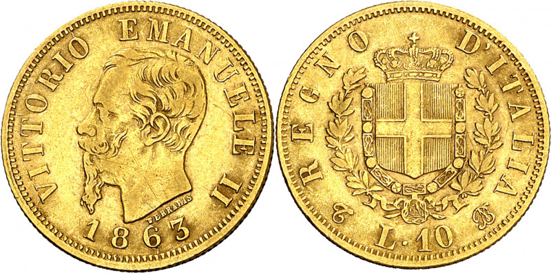 Italia. 1863. Víctor Manuel II. T (Turín). BN. 10 liras. (Fr. 15) (Kr. 9.2). AU....