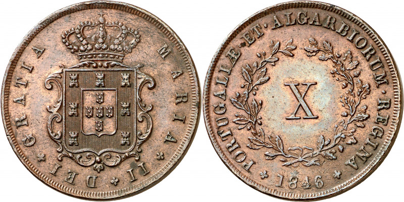 Portugal. 1846. María II. 10 reis. (Kr. 481). Parte de brillo original. CU. 12,7...