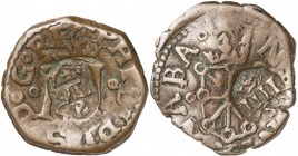 Resellos de valor IIII y VII, de Madrid y Sevilla, sobre 2 monedas de 4 cornados de Pamplona de Felipe II. A examinar. MBC-/MBC.
