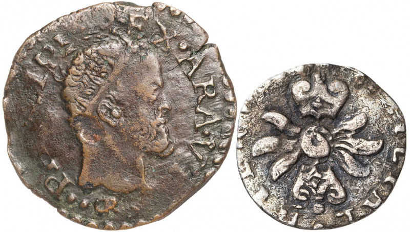 Felipe II. Nápoles. 1/2 carlino y 2 caballos. Lote de 2 monedas. A examinar. BC+...
