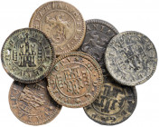 1604 a 1620. Felipe III. Segovia. 4 maravedís. Lote de 7 monedas, una con resello de valor VI. A examinar. Escasas. MBC-/MBC+.
