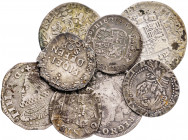 Lote de 8 monedas distintas en plata del Imperio Español en Europa, época de los Austrias. A examinar. BC-/MBC-.