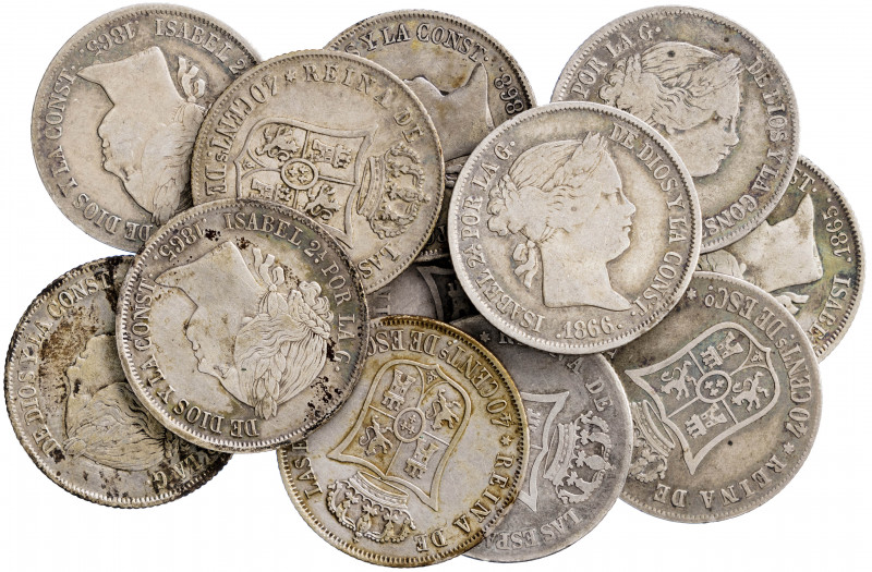 1864 a 1868. Isabel II. Madrid. 40 céntimos de escudo. Lote de 12 monedas. Impre...