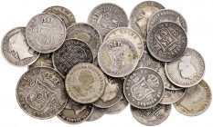 Isabel II. Barcelona, Madrid, Manila y Sevilla. 2 reales (veinticinco), 20 céntimos de escudo 10 (dos) y 25 centavos de peso. Lote de 28 monedas. Impr...