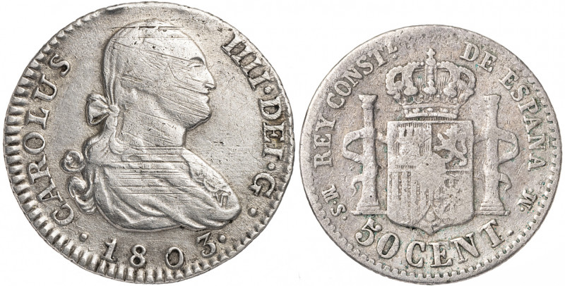 Lote formado por: 1 real 1803 Madrid y 50 céntimos 1881. Total 2 monedas. A exam...