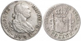 Lote formado por: 1 real 1803 Madrid y 50 céntimos 1881. Total 2 monedas. A examinar. BC/MBC-.