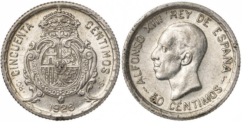 1926. Alfonso XIII. PCS. 50 céntimos. Lote de 2 monedas. A examinar. MBC+/EBC+.