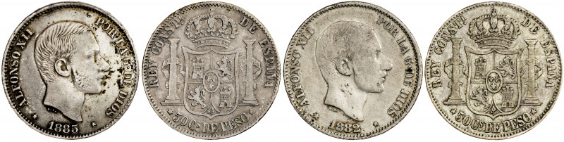 1881 a 1885. Alfonso XII. Manila. 50 centavos. (AC. 114, 118, 120 y 124). Lote d...