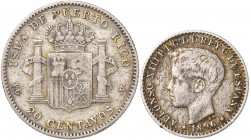 1895 y 1896. Alfonso XIII. Puerto Rico. PGV. 10 y 20 centavos. (AC. 125 y 126). Lote de 2 monedas. A examinar. Escasas. BC/MBC-.