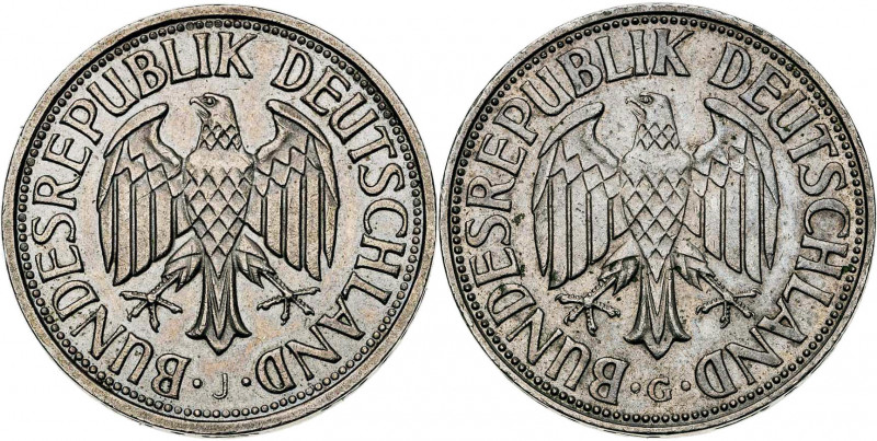 Alemania. 1 marco. Lote de 2 monedas: 1958 J (Hamburgo) y 1961 G (Karlsruhe). A ...