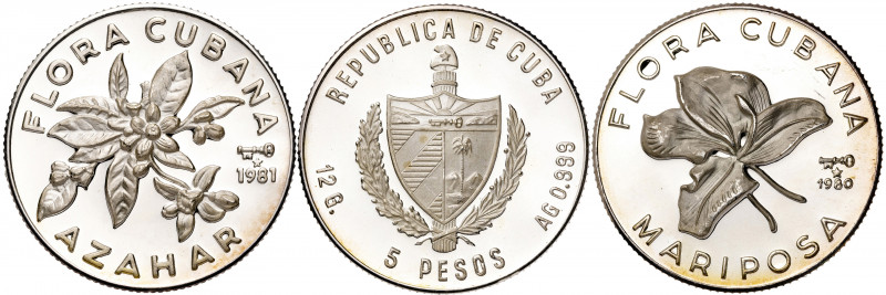 Cuba. 1980 y 1981. 5 pesos. Flora cubana, serie de 3 monedas. A examinar. AG. Pr...