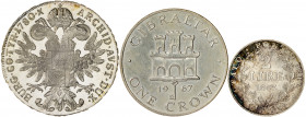 Lote formado por: 2 liras Vaticano 1867, 1 taler Austria 1780 (reacuñación) y 1 corona 1967 Gibraltar. Total 3 monedas. A examinar. MBC/Proof.