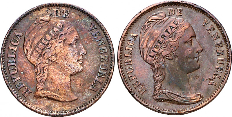 Venezuela. 1858. 1 centavo. (Kr. 7). Lote de 2 monedas. LIBERTAD en relieve e in...