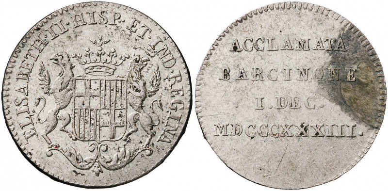 1833. Isabel II. Barcelona. Proclamación. Módulo 2 reales. (Ha. 6) (V. 739). Gra...