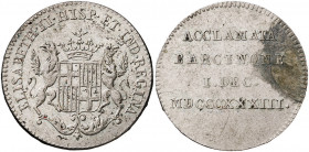 1833. Isabel II. Barcelona. Proclamación. Módulo 2 reales. (Ha. 6) (V. 739). Grabador: J. Masferrer. 3,60 g. MBC.