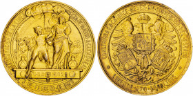 1879. (Ruiz Trapero 878 var. por metal) (V. 485 var. por metal). Firmado: José Esteban Lozano- Juan Comba. En canto: P. Feu e Hijos. Bronce dorado. 93...
